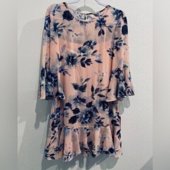 New Eliza J Floral Feminine Ruffle Drop Waist Lined Mini Contemporary Dress - Picture 1 of 7